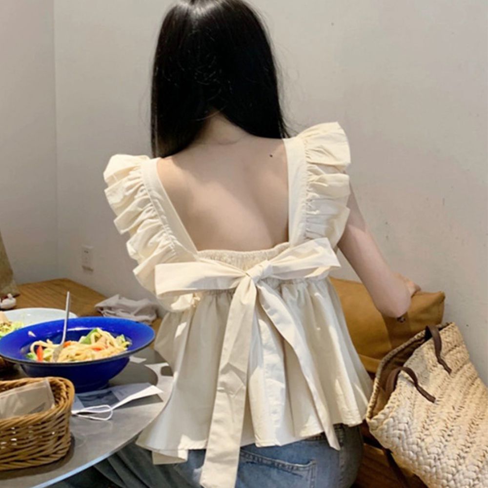 甜美荷葉背後綁帶傘狀背心-象牙杏 (M)