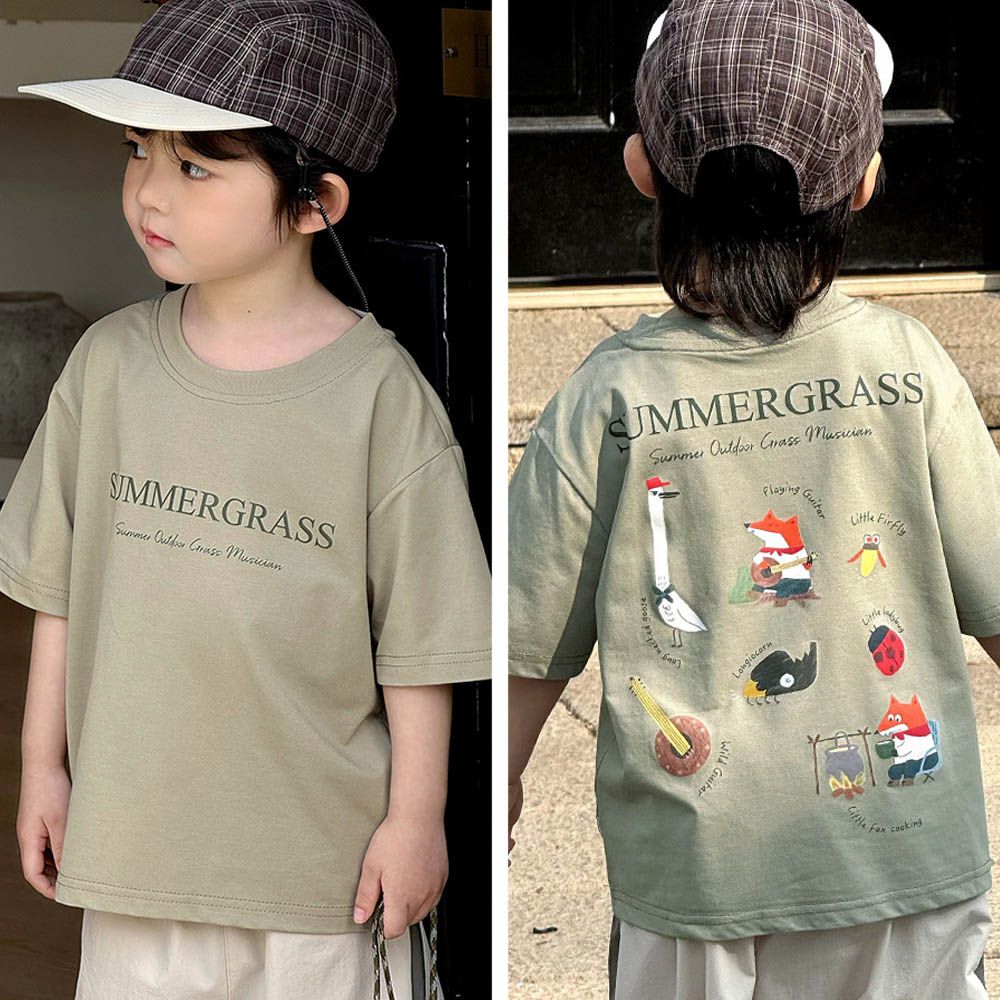 涼感吸濕透氣圓領短袖上衣-小狐狸郊遊-綠色