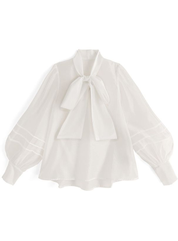 日本 GRL - 薄紗透感扭結氣球袖上衣-黑 (F)