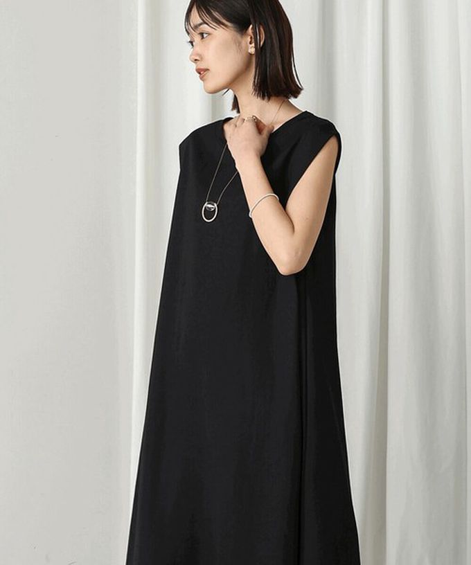 日本 Bab - 透氣嫘縈肩皺摺A字無袖洋裝-黑