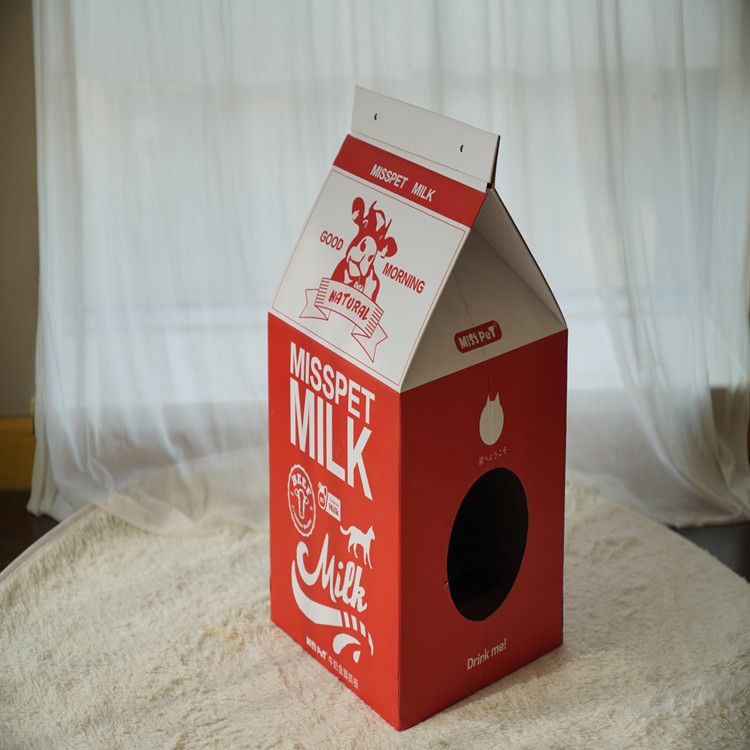 瓦愣紙製造型貓抓屋-草莓牛奶盒-粉色 (38.7x32x32.5cm)