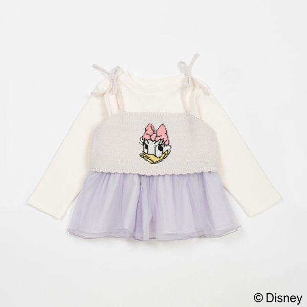 日本 petit main - 聯名款 針織細肩帶+雪紡拼接長袖(二件式)-黛西-粉紫