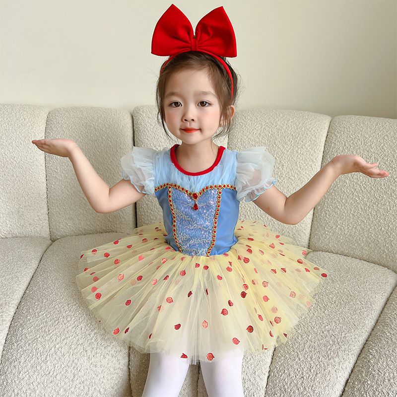 短袖造型公主裙/芭蕾舞裙-圓點寶石-藍+奶油黃