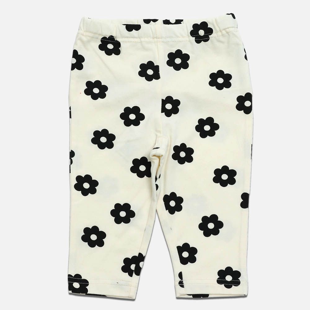 百搭印花彈力七分褲-花朵-奶油白