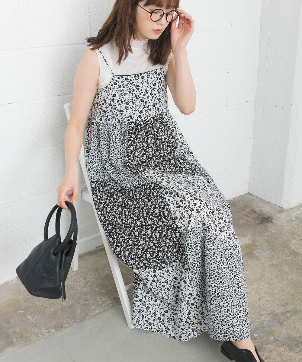 日本女裝代購 - 質感碎花拼接吊帶裙/洋裝-經典黑