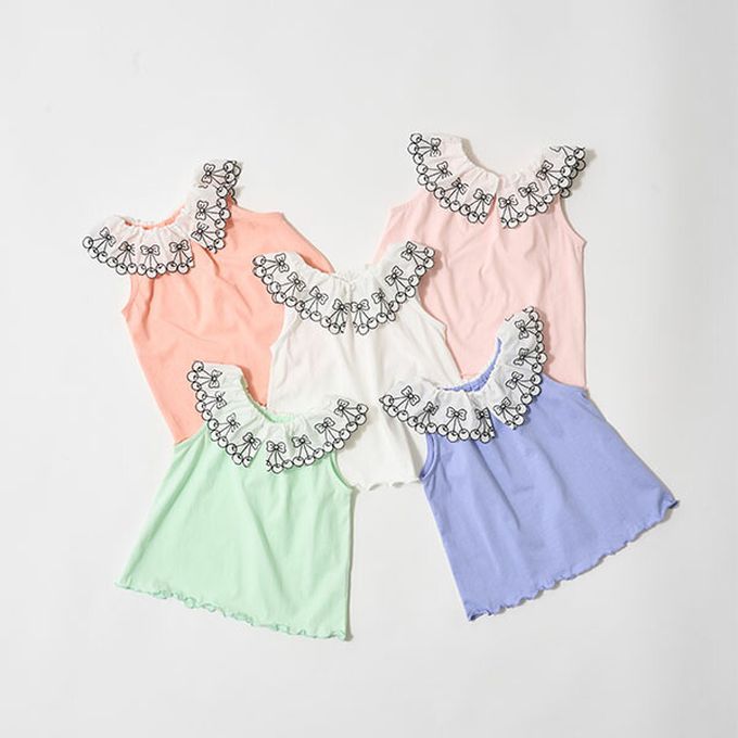 日本 Lycee mine - 精緻櫻桃蕾絲領無袖上衣-綠