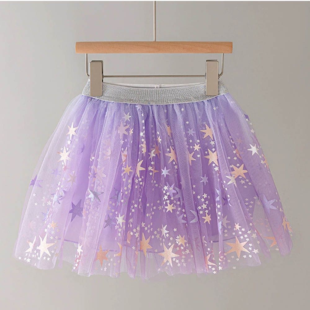 腰鬆緊網紗短裙-閃耀星星-甜美紫