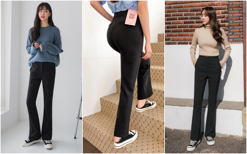 韓國 ENVYLOOK - 隱形釦打褶微喇叭褲-黑