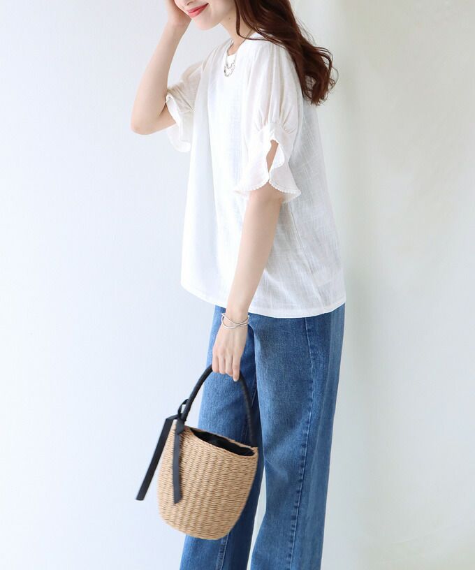 日本 BLUE EAST - 棉麻透氣涼爽短袖上衣-米杏