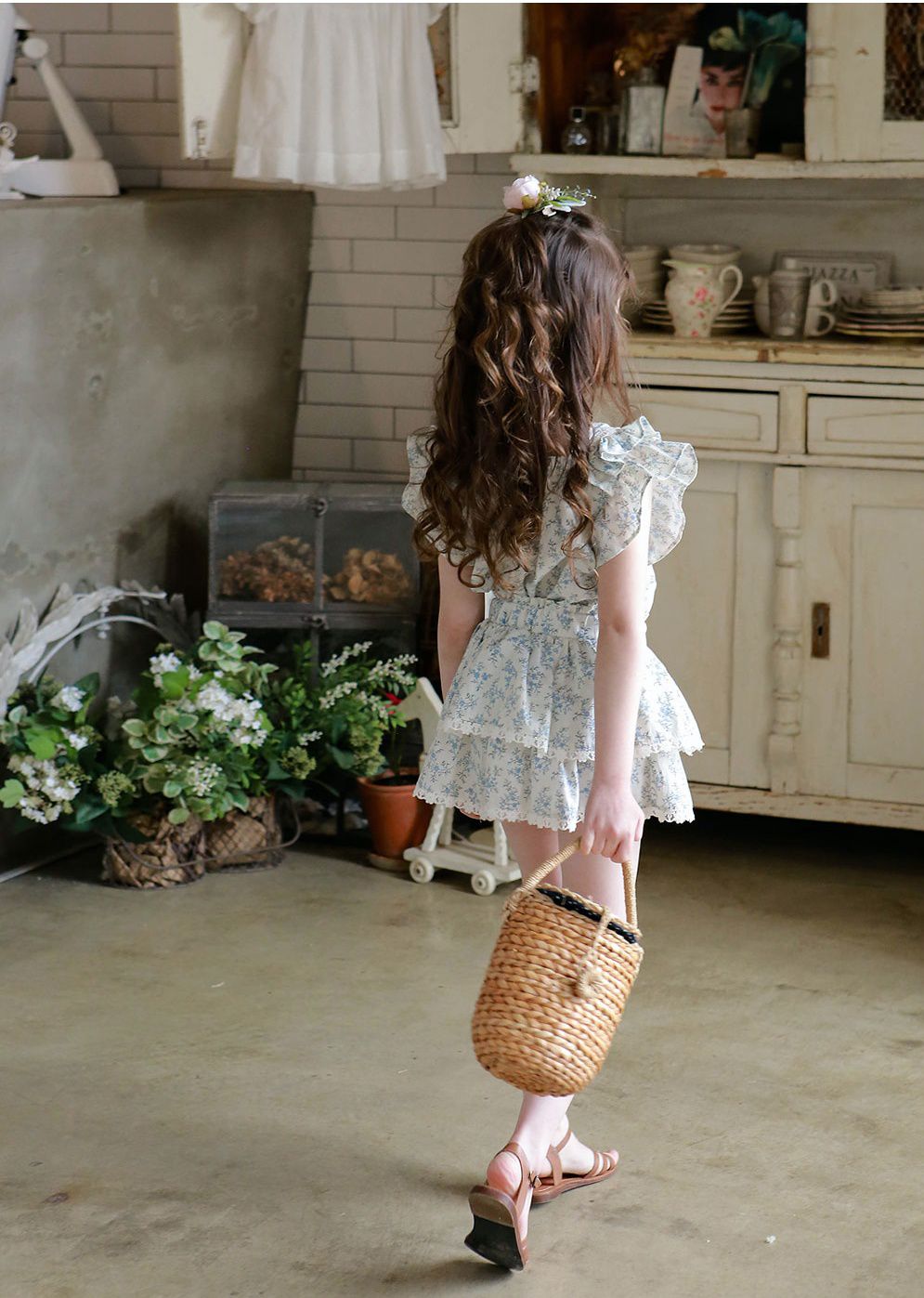 韓國 PuellaFLO - 雙層荷葉袖碎花上衣-藍花