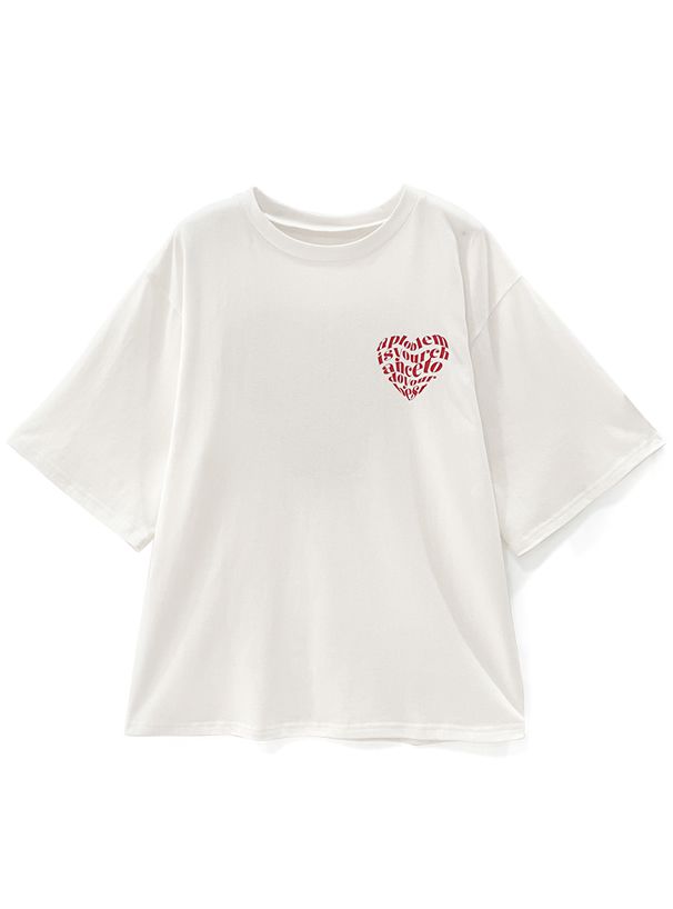 日本 GRL - 純棉落肩休閒長版短T-愛心英文-白