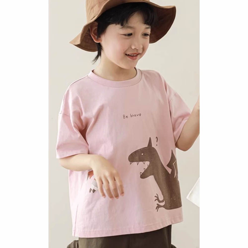 棉質圓領休閒短袖上衣-恐龍騎士-灰粉