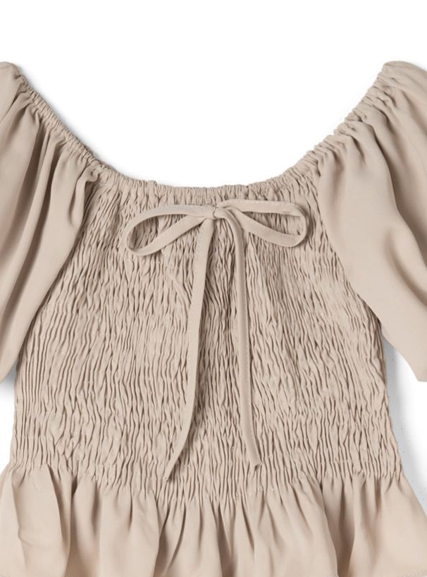 日本 GRL - 蝴蝶結方領泡泡短袖長褲套裝-氣質米