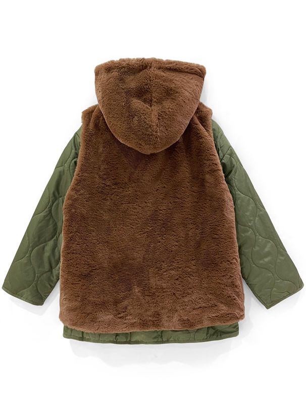 日本 GRL - 毛絨連帽背心x泡泡壓紋鋪棉外套兩件組-米杏 (F)