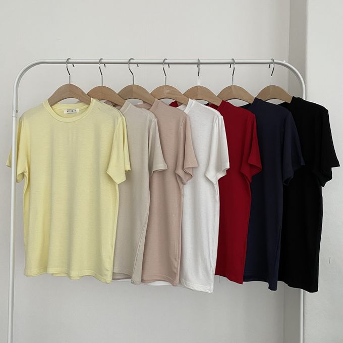 韓國女裝連線 - 正韓製彈性素色短袖上衣-杏 (FREE)