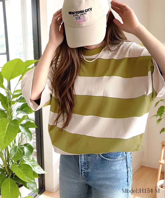 日本 Classical Elf - Java 純棉寬條紋落肩五分袖上衣-咖啡x米杏