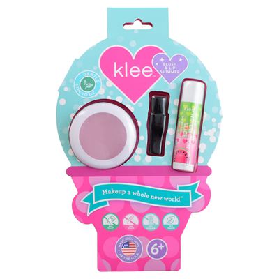 美國 Klee Kids - Klee Girls 粉紅糖果腮紅組-櫻花粉礦物腮紅盒(3.5g)+西瓜紅亮光潤唇膏(4.2g)+腮紅刷(共3件)