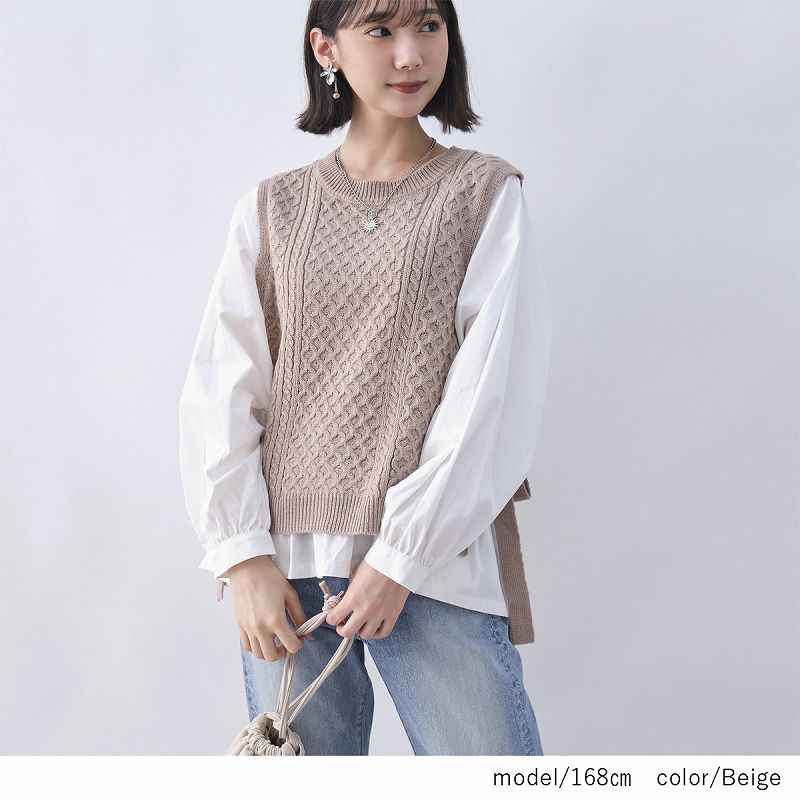 日本 Rejoule - 假兩件編織紋針織背心X白上衣-灰 (M(Free size))