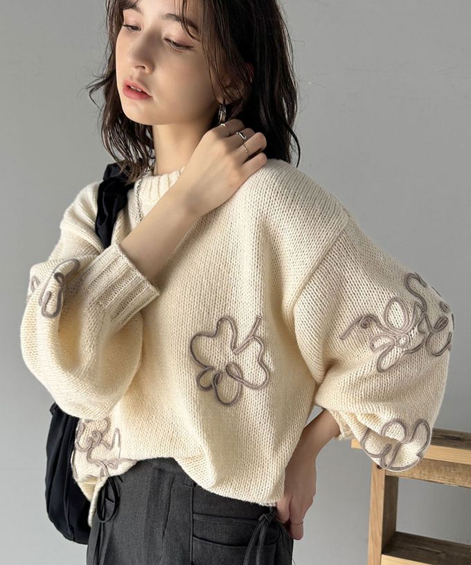 日本 Classical Elf - 線條花朵蓬鬆感針織上衣-黑