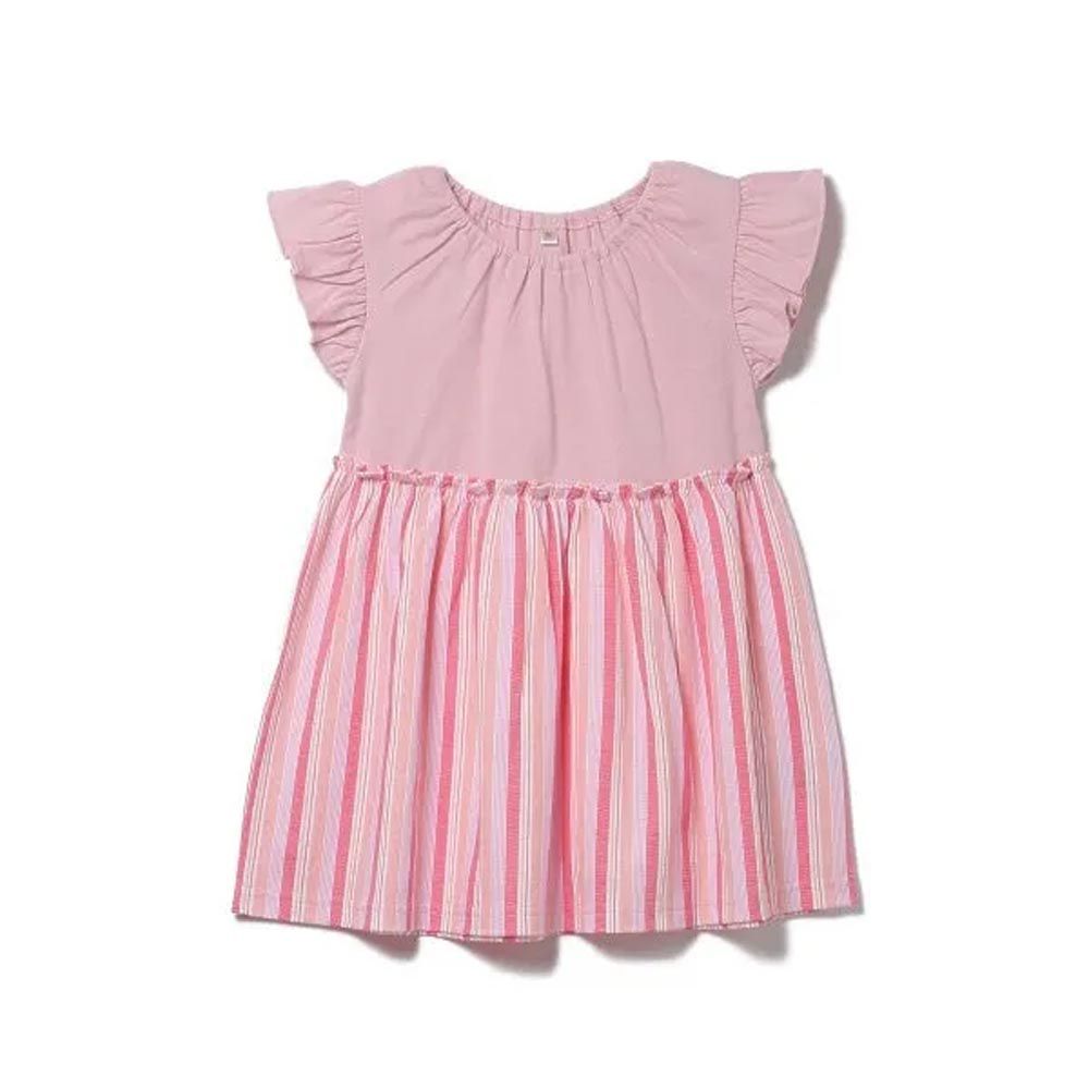 日本西松屋 - 漸層條紋荷葉短袖洋裝-粉紅