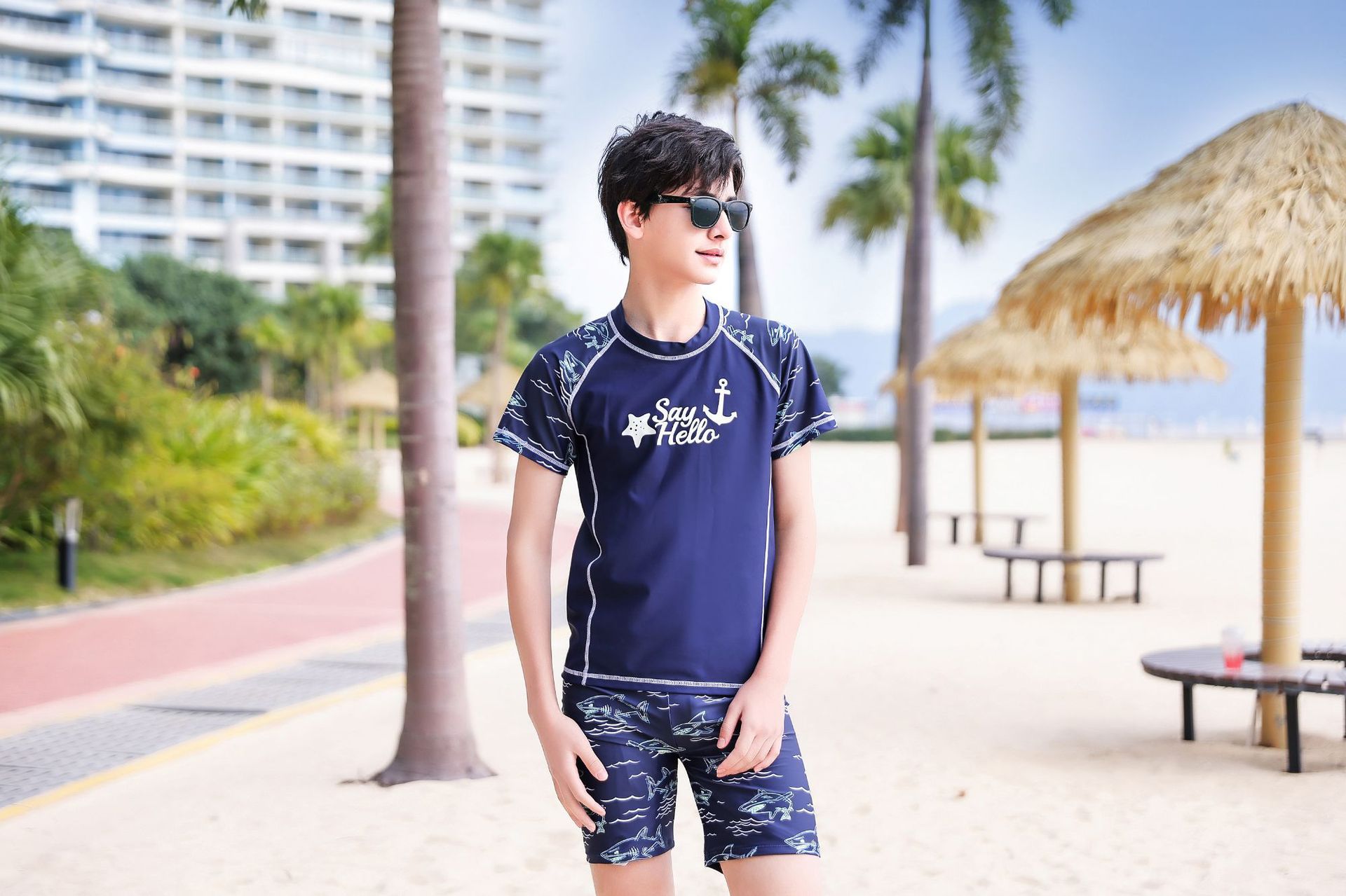 大童男孩短袖泳衣套裝(二件組)-星星船錨-淺藍色-泳衣、泳褲