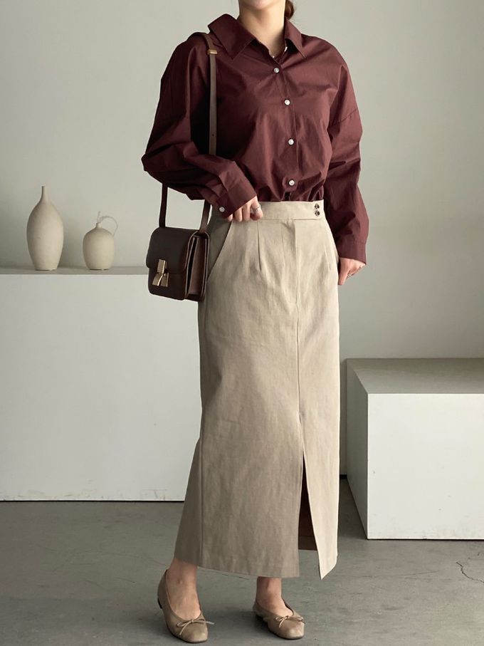 韓國女裝連線 - 知性背後抓褶翻領長袖襯衫-咖啡紅 (FREE)