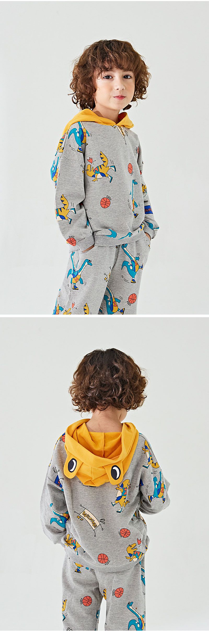 韓國 OZKIZ - 恐龍打籃球縮口連帽套裝-灰