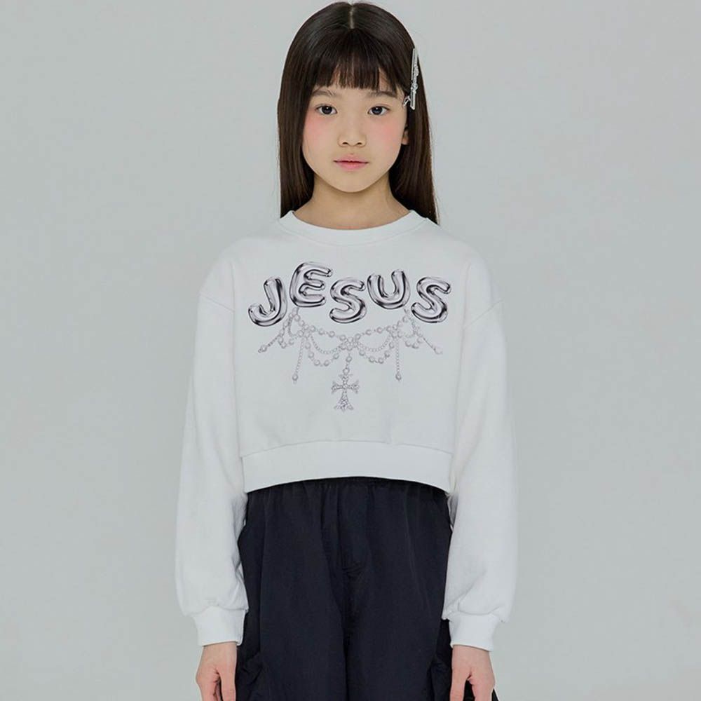 潮流銀字印刷短版長袖大學T-象牙白