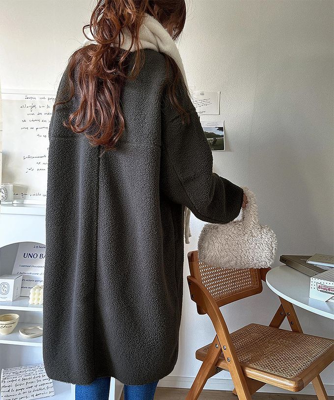 日本 Classical Elf - 溫暖毛呢休閒感無領長版外套-米白