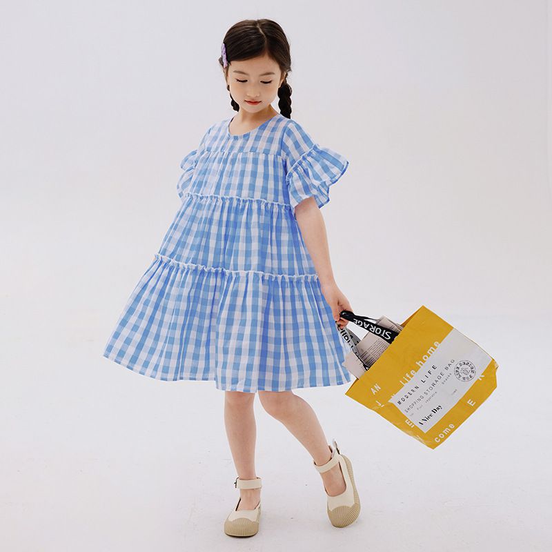 夏日風情拼接蛋糕裙洋裝-藍白格紋
