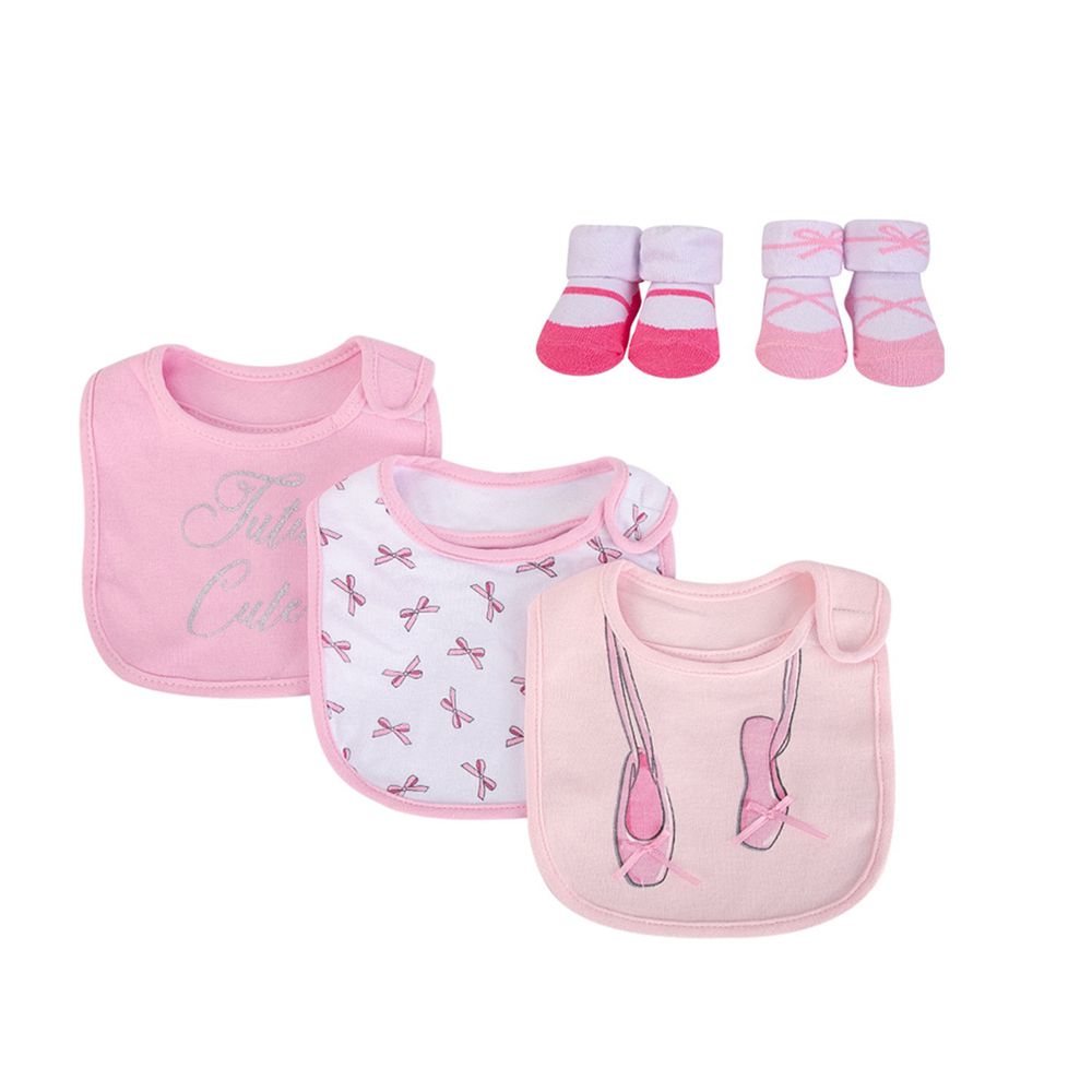 美國 Luvable Friends - 嬰幼兒雙層吸水口水巾圍兜與短襪組-粉色芭蕾