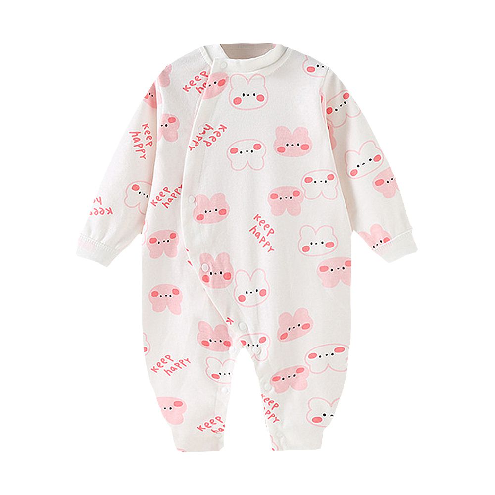 純棉長袖包屁衣 前開扣連身衣 寶寶睡衣-粉色兔兔