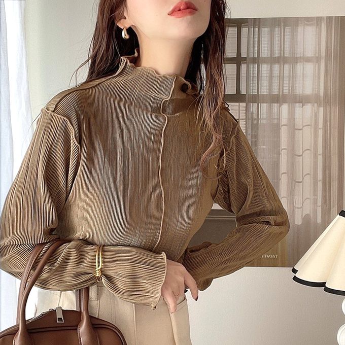 日本 Classical Elf - 羅紋線條感木耳小高領長袖上衣-淺灰藍