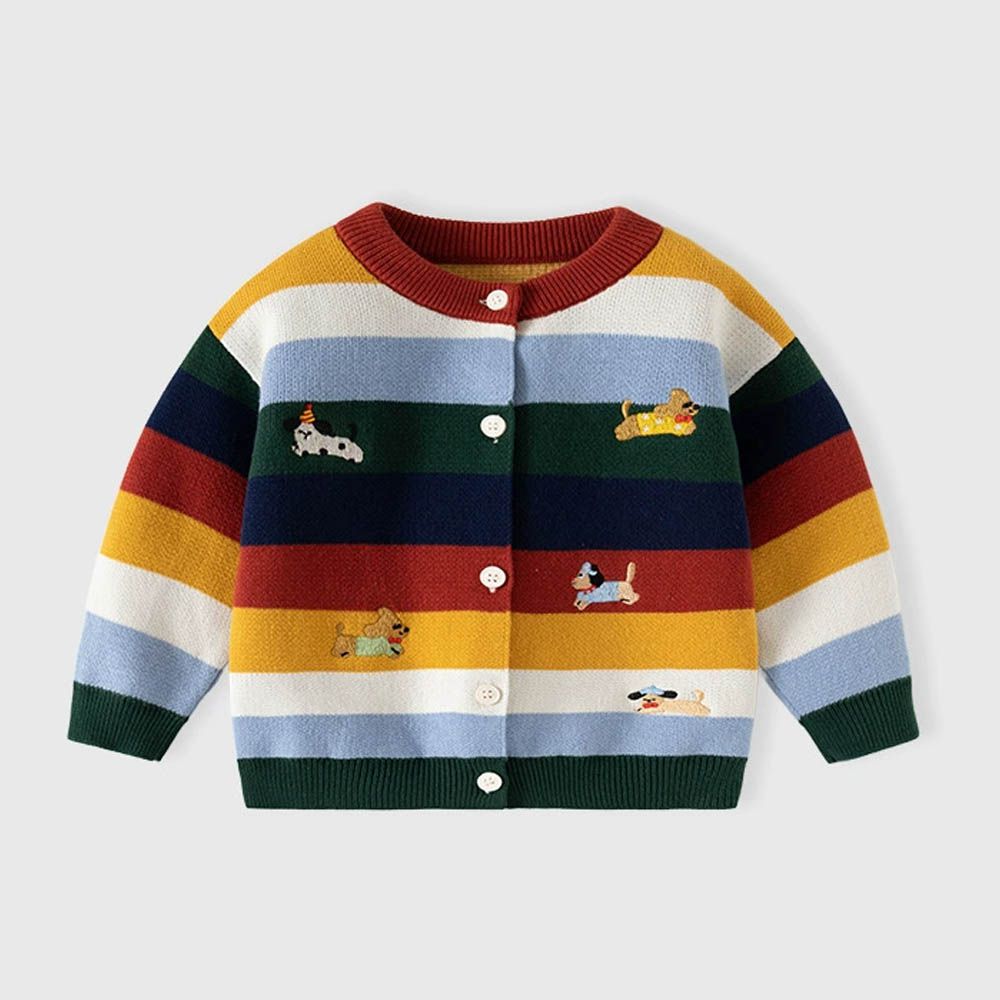 純棉圓領針織排釦外套-快樂動物-彩色條紋
