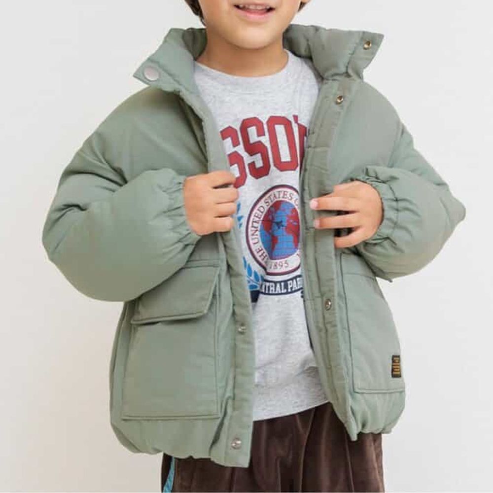 [可機洗]小立領加厚溫暖鋪棉外套-軍綠