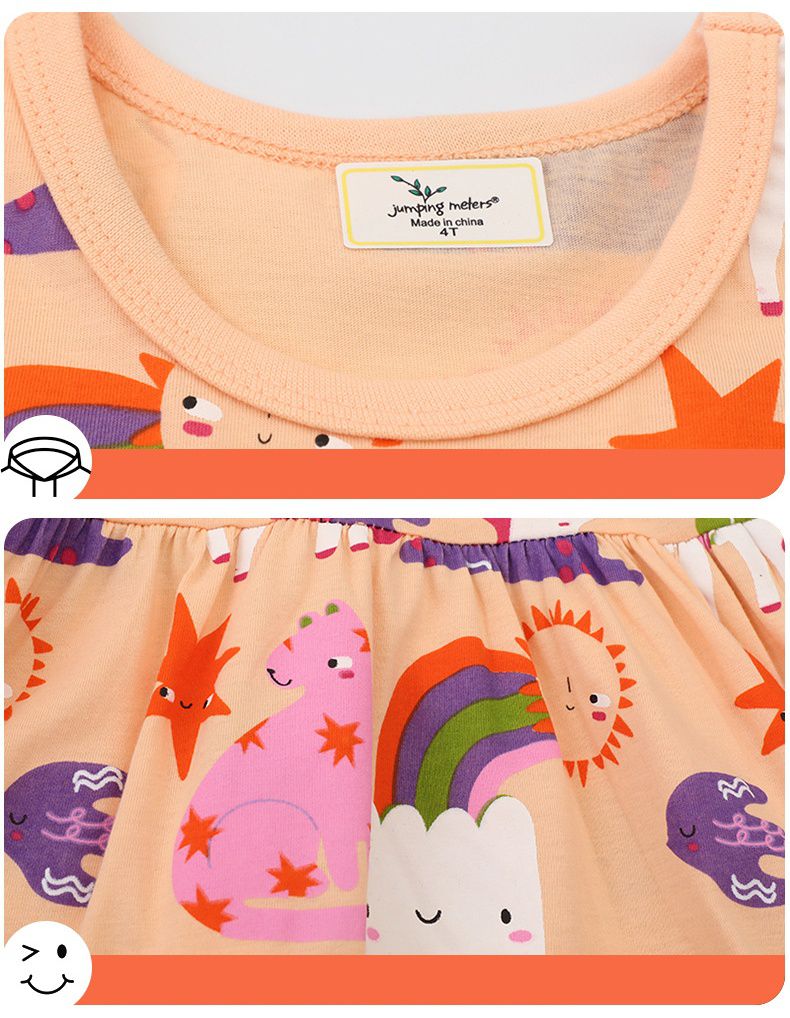 Jumping meters - 棉質圓領短袖洋裝-雲朵獨角獸世界-粉橘色