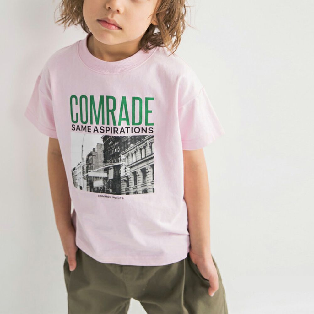 100%天竺棉 印花短袖上衣-黑白照片-淺粉紅