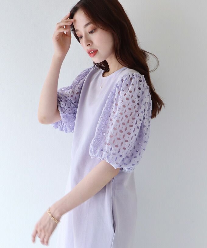 日本 BLUE EAST - 優雅雕花泡泡五分袖連身洋裝-薰衣草