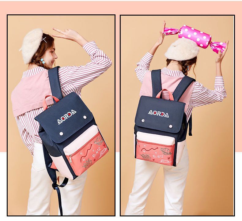 可愛撞色翻蓋書包-字母星球-藍色 (38.5x28x15cm)