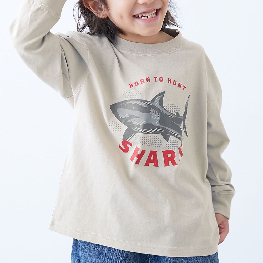 100%棉 寬鬆版型縮口長袖上衣-正面鯊魚-淺灰棕