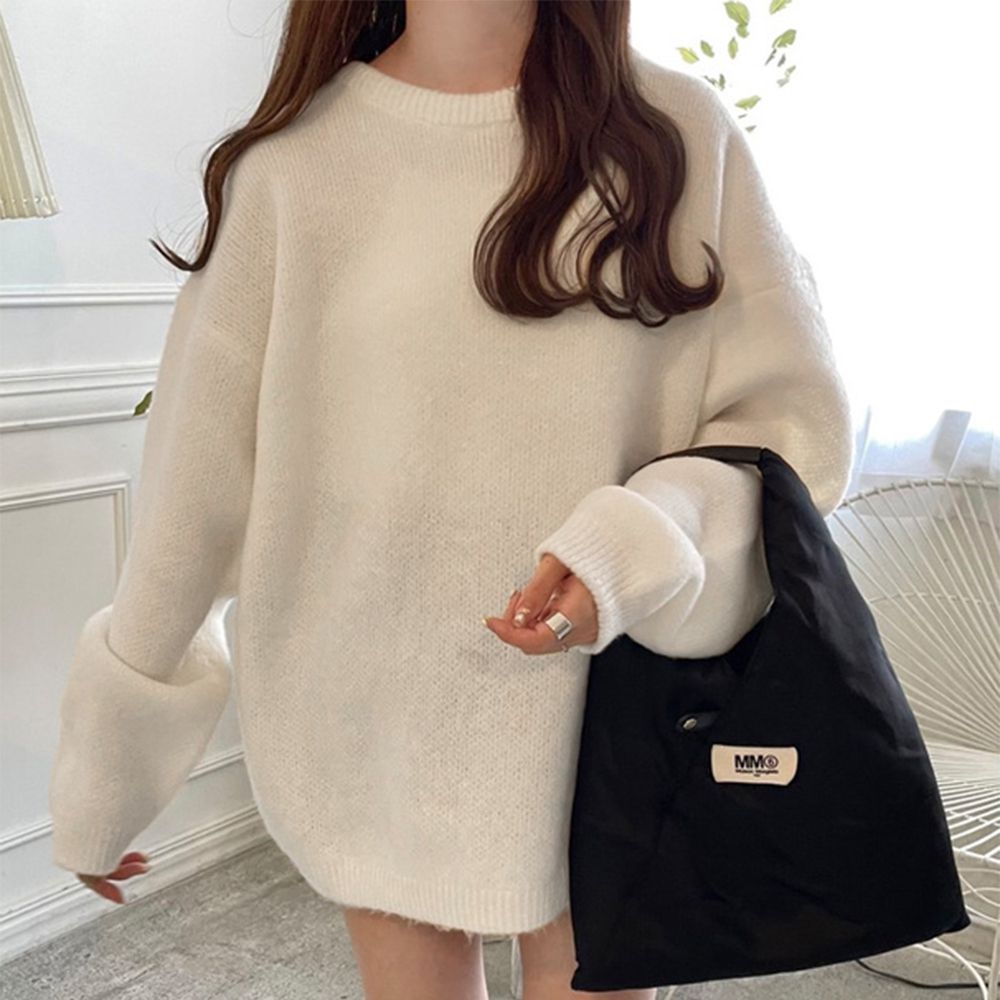 男友風寬鬆長版針織毛衣-米杏 (F)