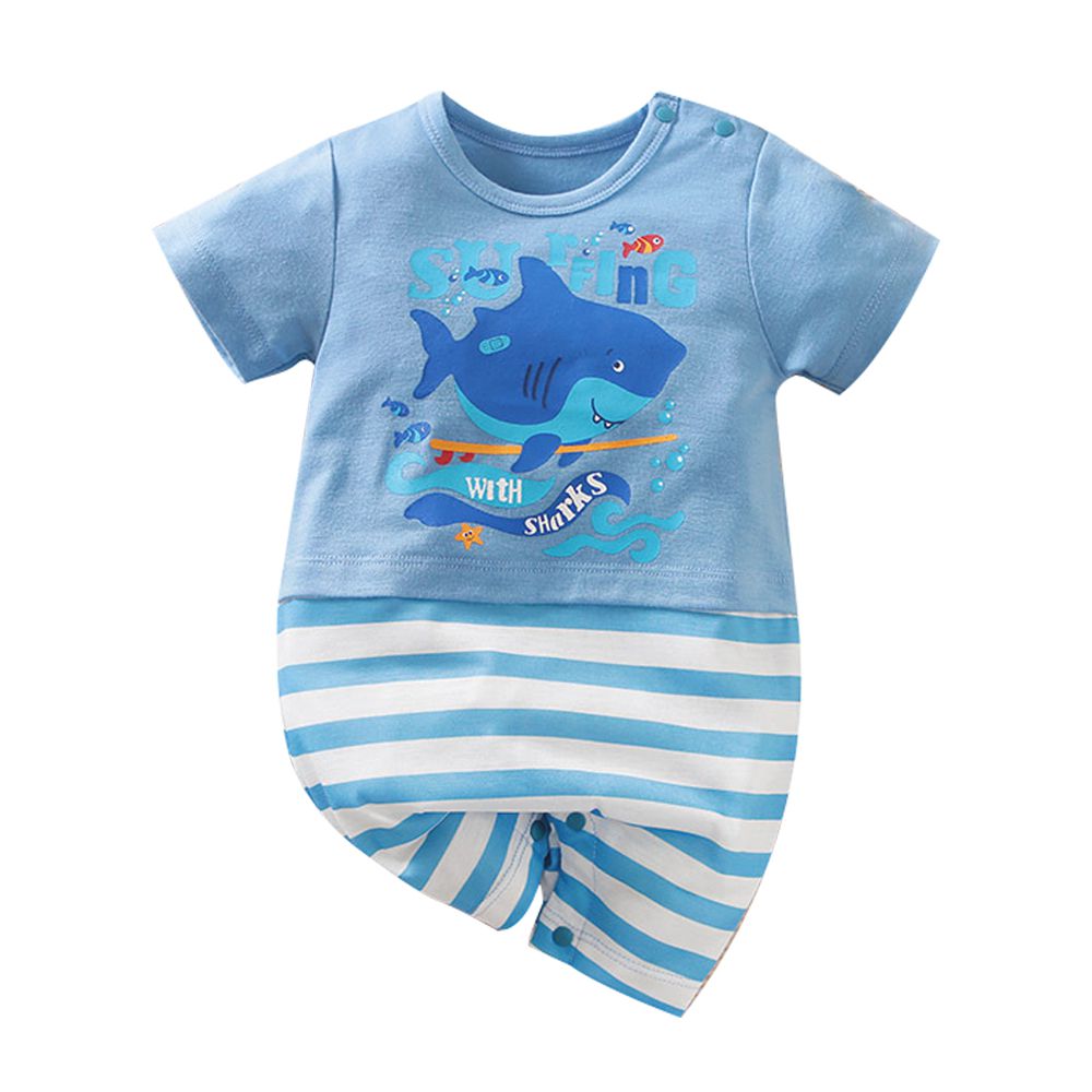 JoyNa - 棉質短袖包屁衣 短袖嬰兒服-海浪飛鯊