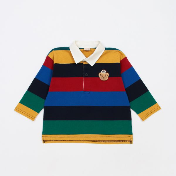 日本 petit main - 美式足球風氣質長袖POLO衫-刺繡小熊-黑米杏