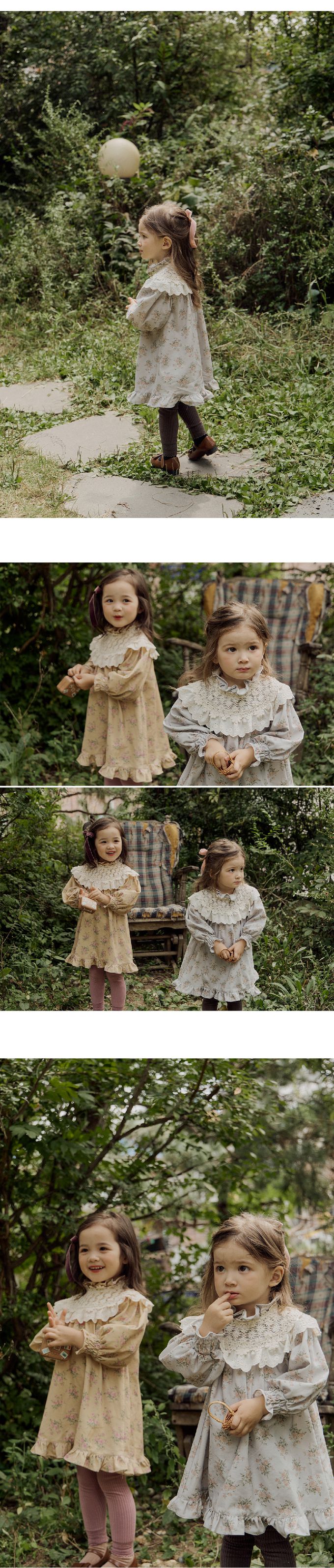 韓國 Puellaflo - 立體雕花領田園圖印連身洋裝-鐵灰