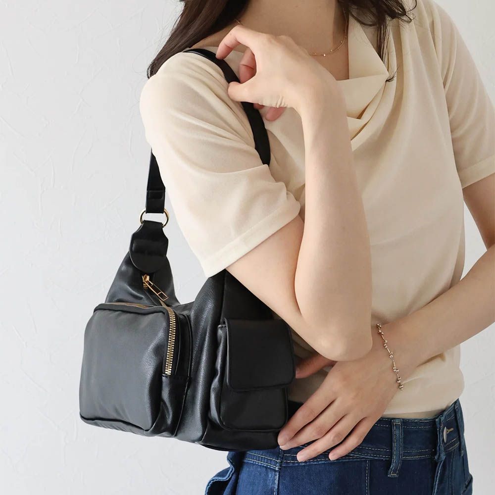 復古時尚多口袋迷你肩背包-黑