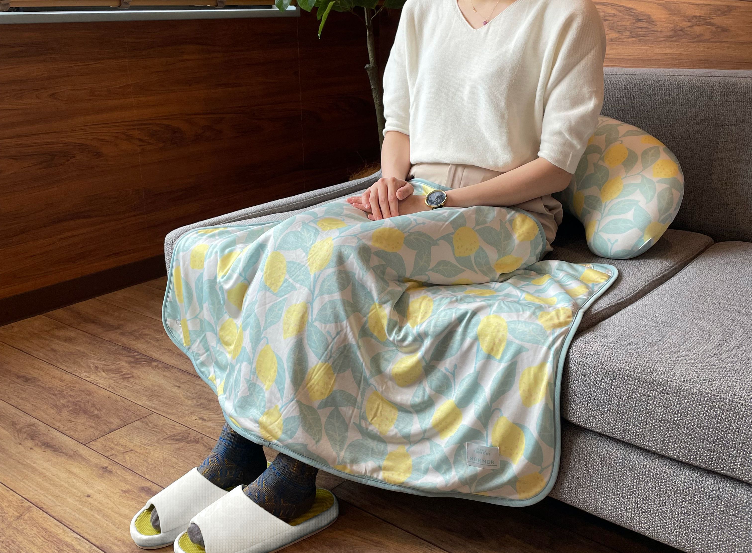 日本 DAIKAI - 3way 接觸涼感蓋毯/披肩/小外套-愜意花園-粉藍 (100x70cm)