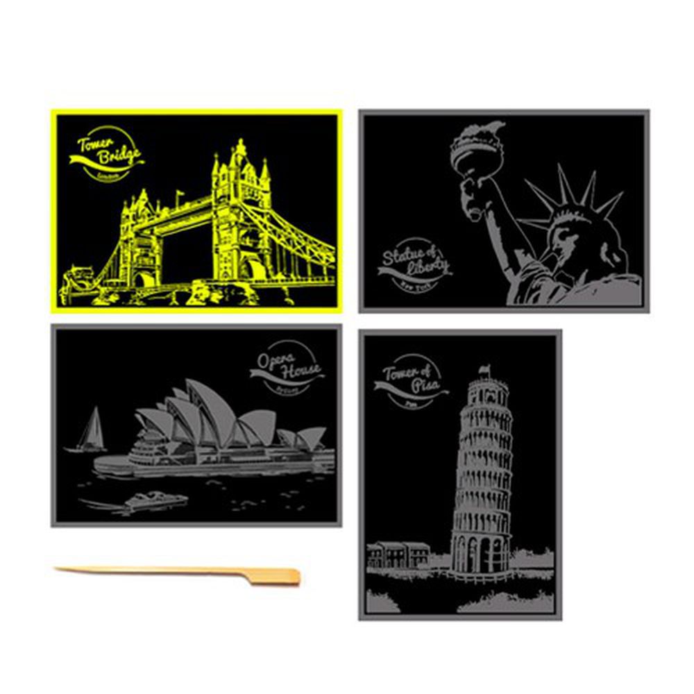 Lago - 手刮城市金色夜景明信片組-Ver.1:倫敦橋、自由女神、雪梨歌劇院、比薩斜塔