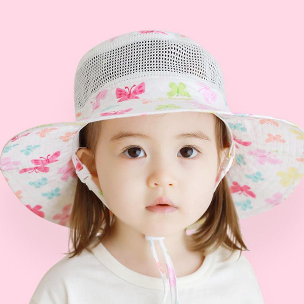 可調節兒童大帽簷防曬遮陽帽-繽紛蝴蝶-白色