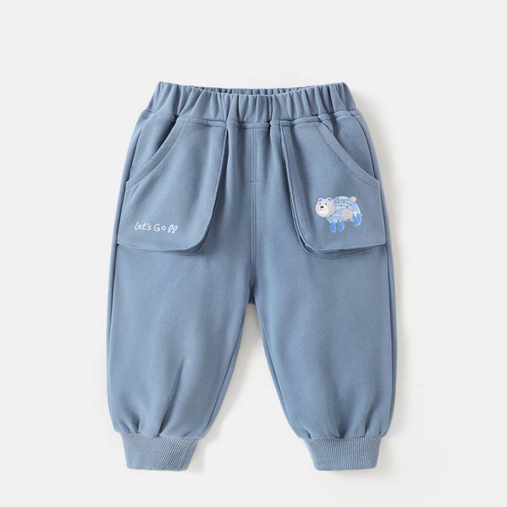 腰鬆緊運動休閒長褲-立體口袋-藍色