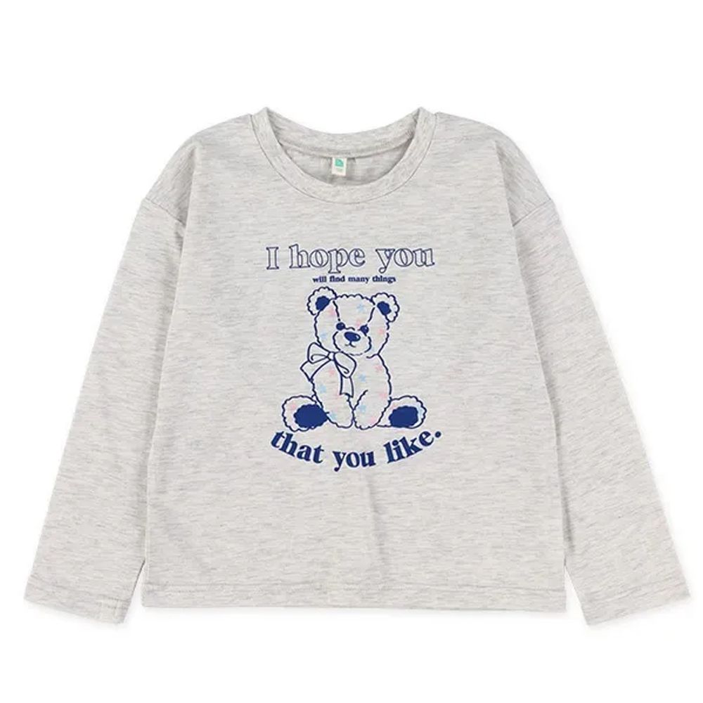 清爽印花薄長袖上衣-小熊玩偶-淺灰